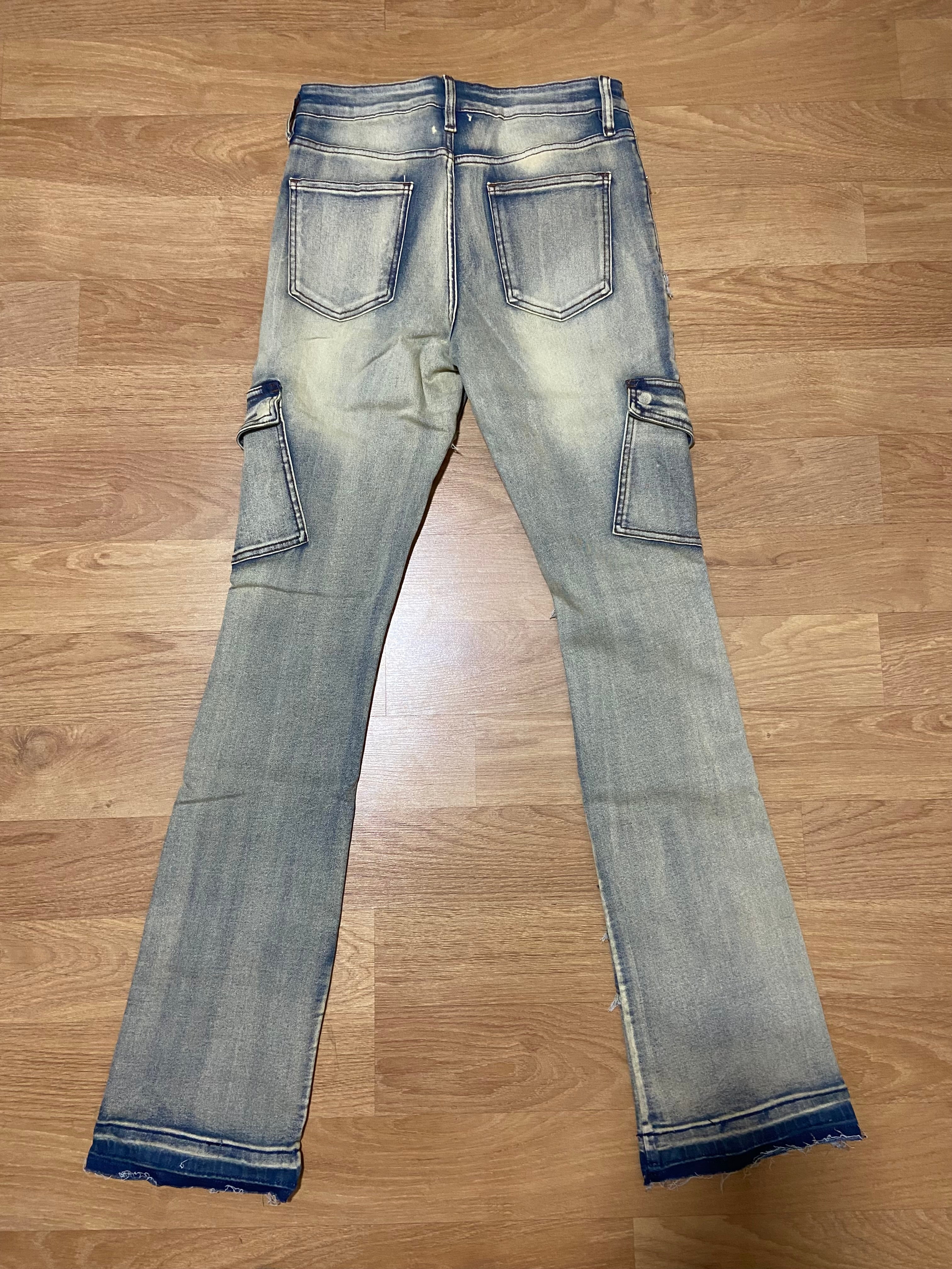 Simi Fray Cargo Stacked Skinny Flare Jeans - Vintage Blue Wash